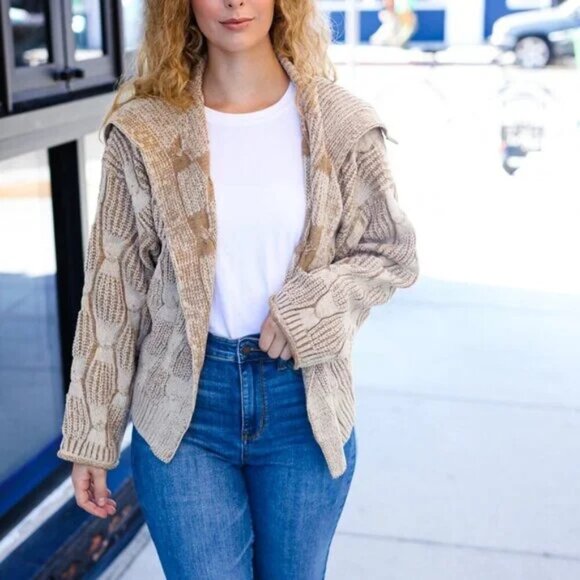 New Autumn Vibes Taupe Textured Cable Knit Collared Cardigan Sizes 1x, 2x, & 3X - Picture 7 of 9